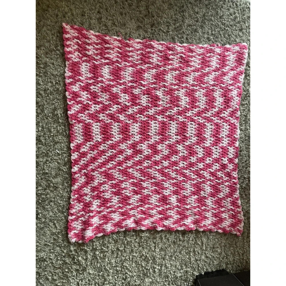 Handmade Crochet Baby Blanket Pink White Variegated Wave Pattern 34x34 Square